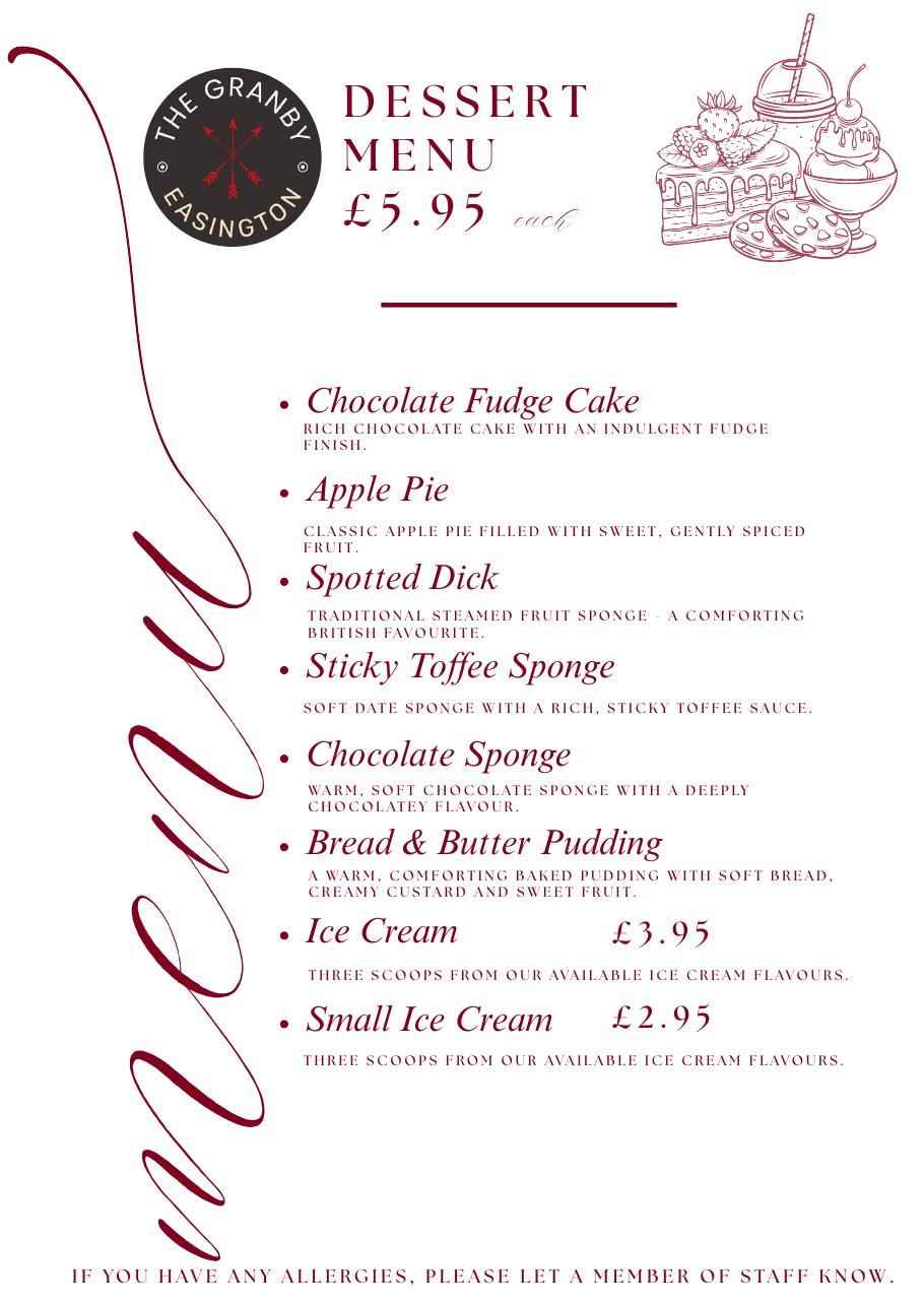 Dessert menu, £5.95 each