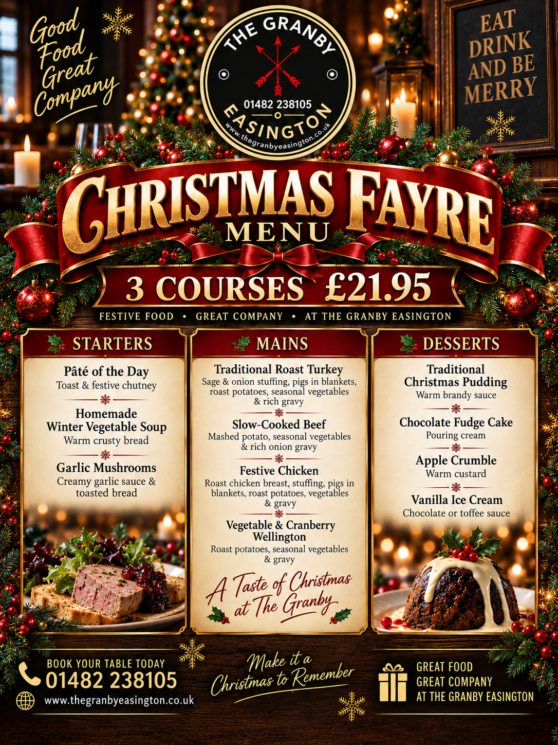 Christmas Fayre menu: three courses for £21.95