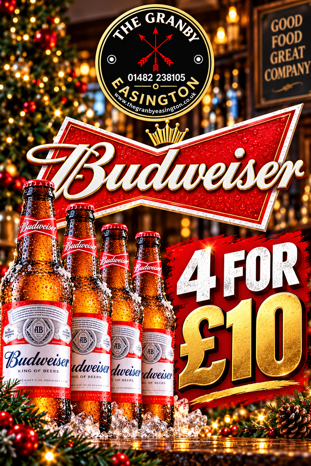 Budweiser bottles: 4 for £10