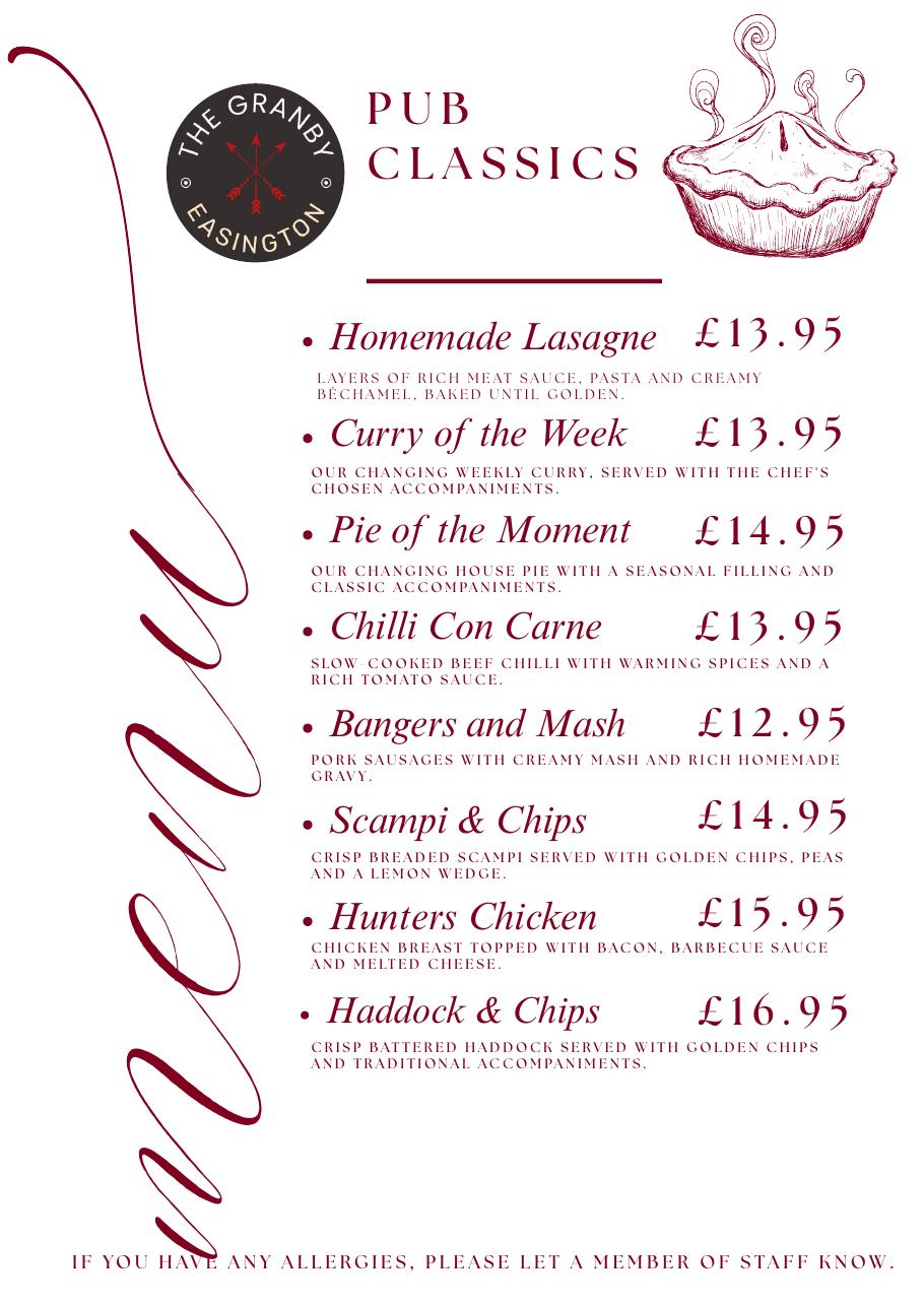 Pub Classics menu, including homemade lasagne and curry of the week