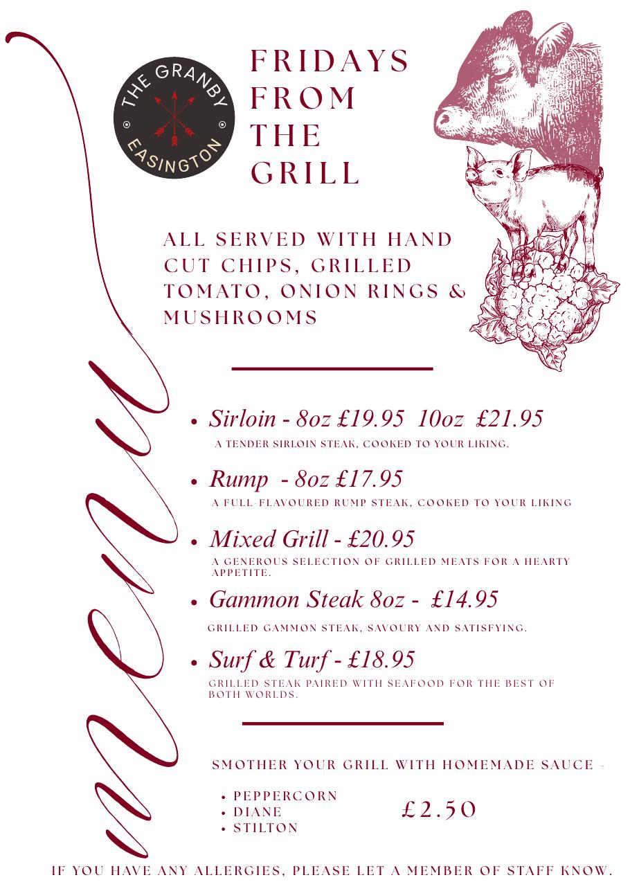Fridays From The Grill menu, sirloin steaks with hand-cut chips