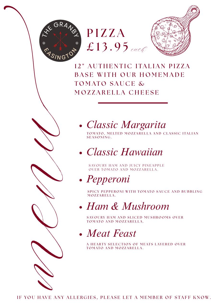 12 inch pizza menu, £13.95 each