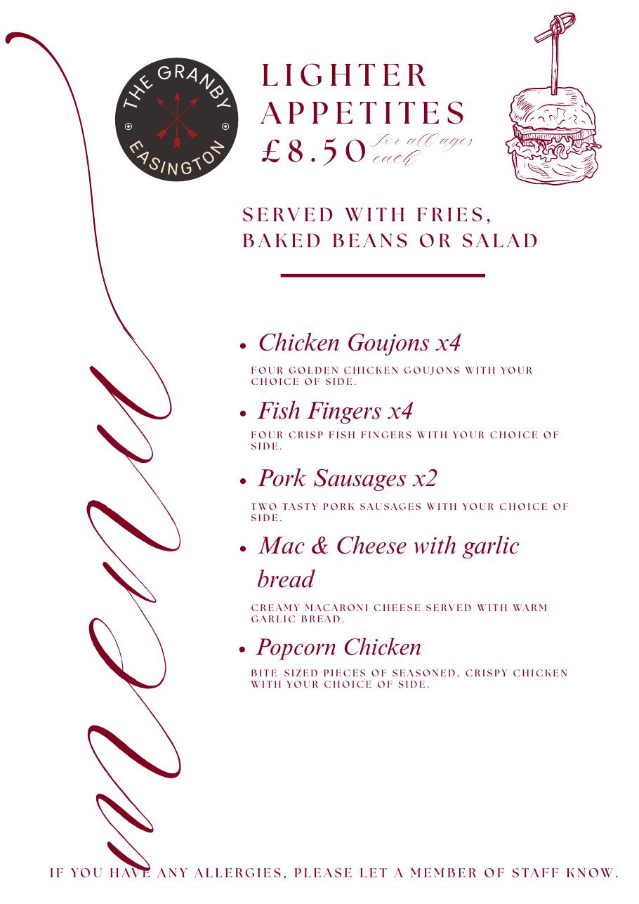 Lighter Appetites menu for all ages, £8.50 each