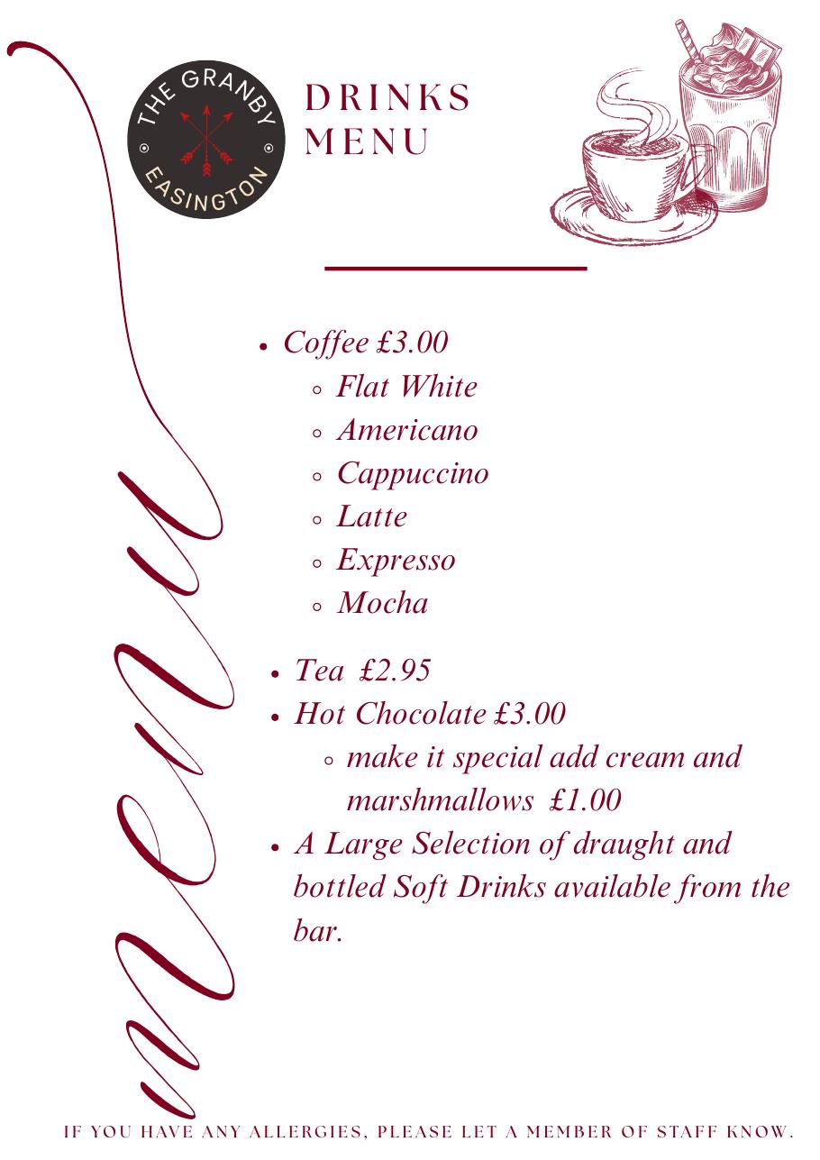 Hot drinks menu: coffee, tea and hot chocolate
